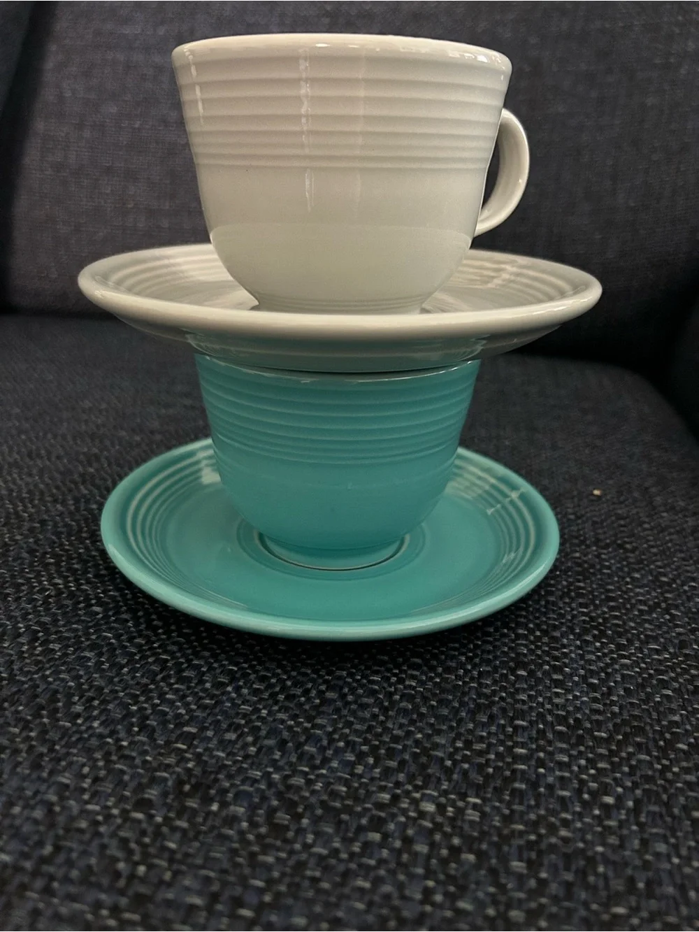 Pair of Fiesta Ceramic Teacups & Saucers - Aqua and gray